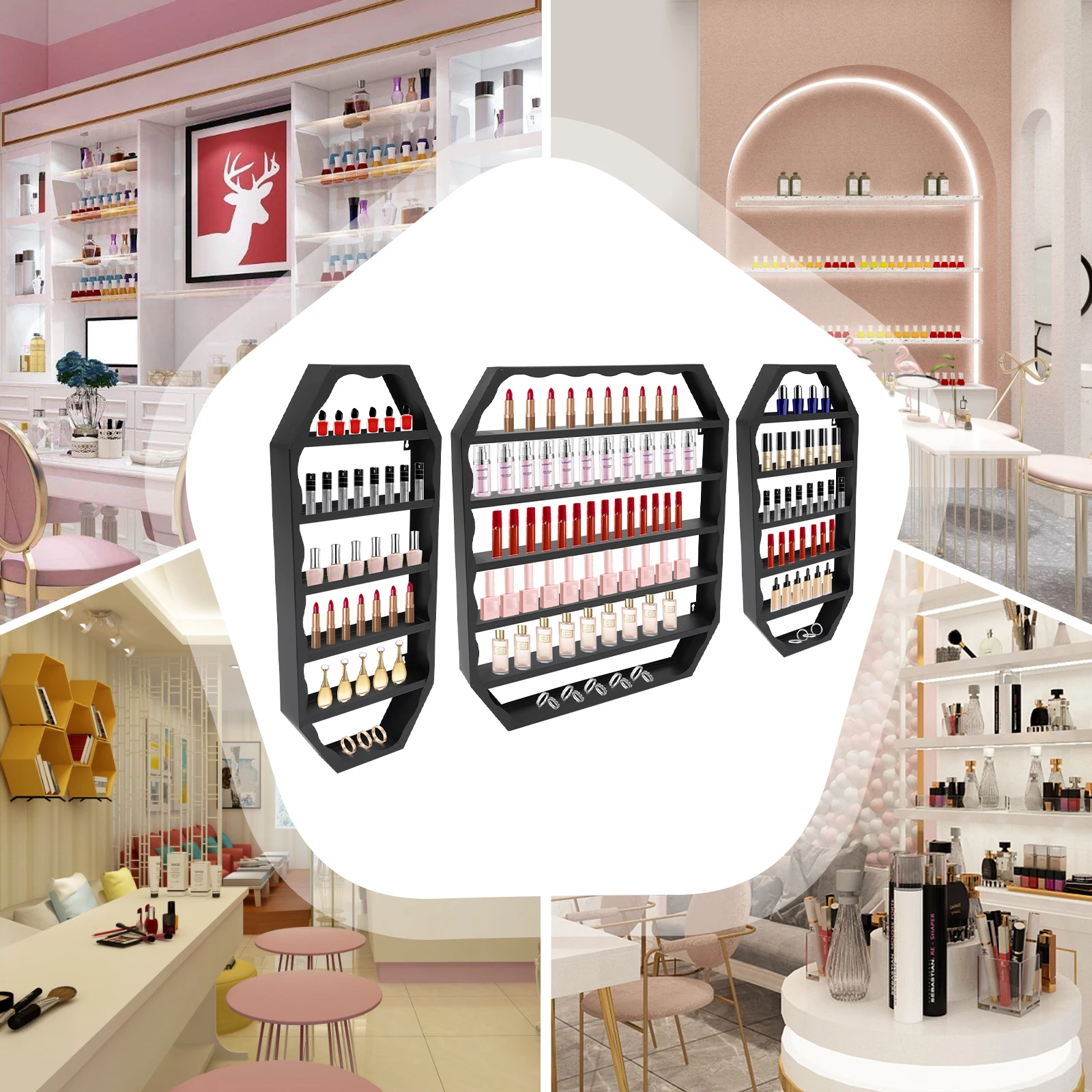 3 Pcs Octagonal Wall Mounted Nail Polish Storage Racks Metal Multi-Tiers Nail Polish Racks Cosmetic Display Case Shelf