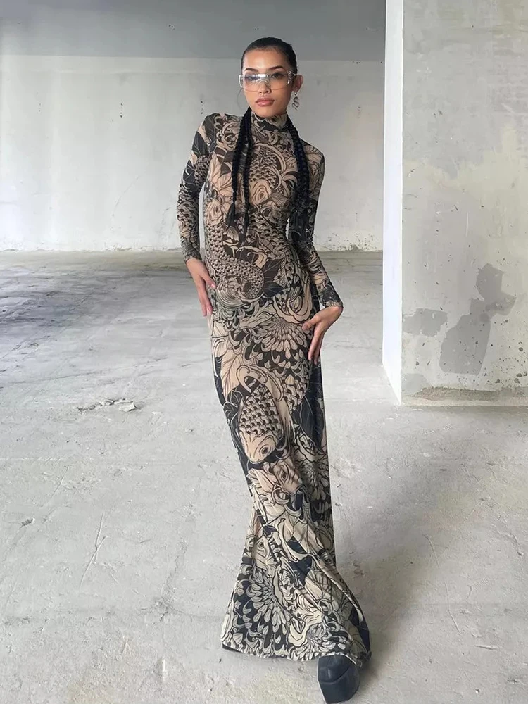 ReddaChic Y2k Letnia Sukienka z Siateczki Sexy Prześwitująca Dekolt typu Mock Długi Rękaw Cała w Nadruki Maxi Sukienka Bodycon Wieczorowa Suknia Damska