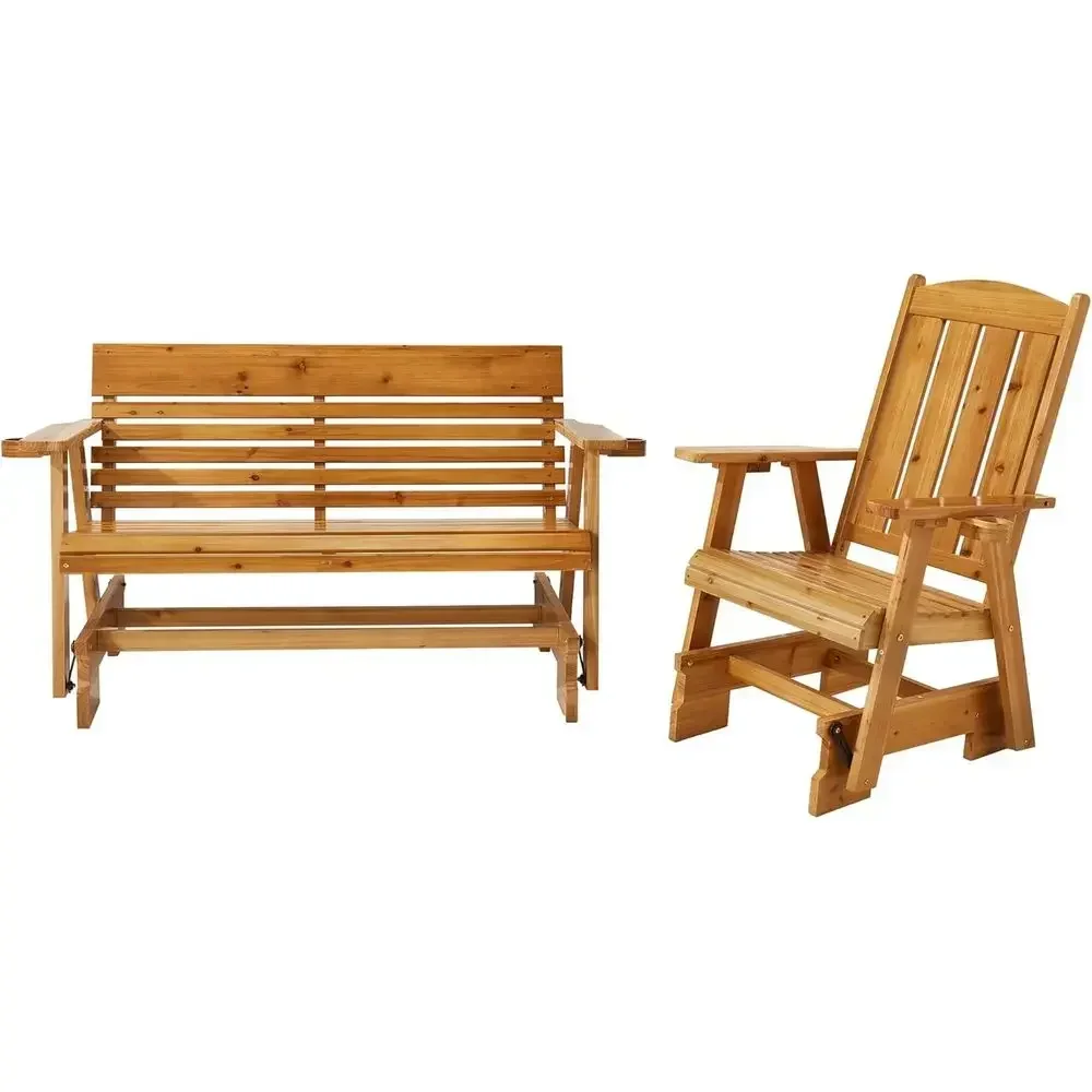 Patio Glider Bench Set with Cup Holders, Outdoor Loveseat Glider, Ergonomic Deep Seat, High Back, Heavy Duty 800lbs, Suitable fo