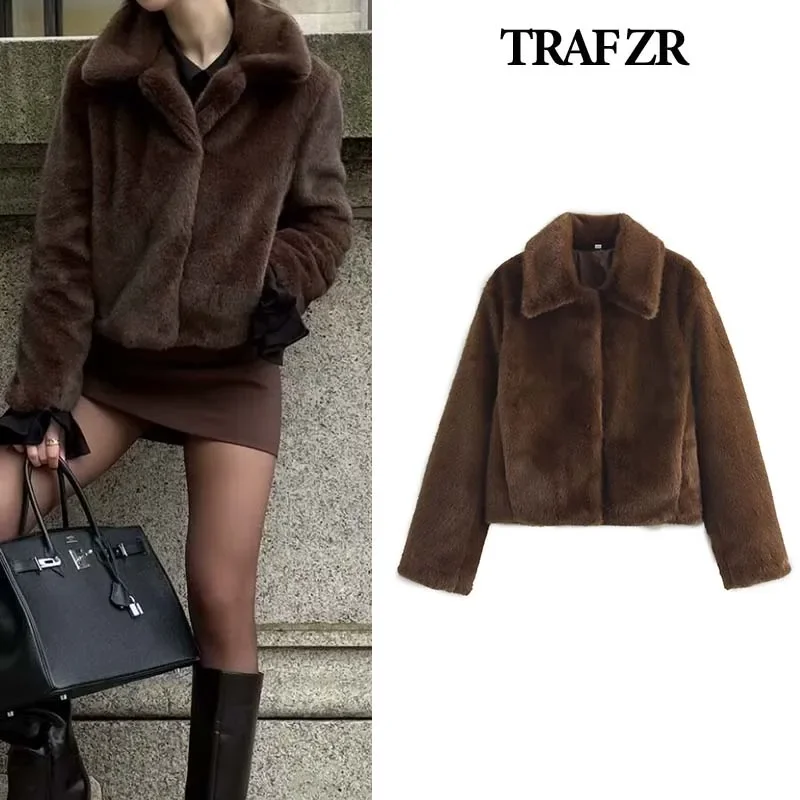 TRAF ZR Snow Parka New in Outerwears Padded Coat Faux Fur Brown Parkas Elegant Luxury Women's Coat Warm Woman Winter Coats