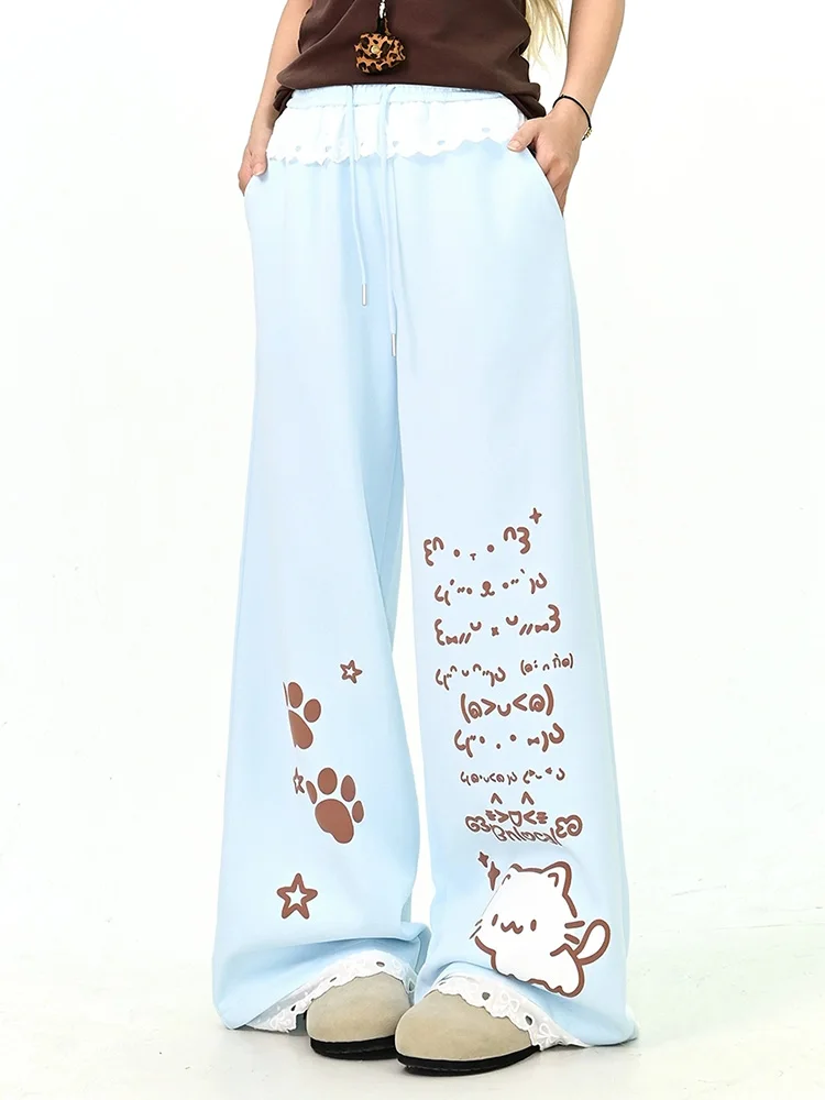 Japon doux Kawaii pantalon femmes dentelle Patchwork taille haute dessin animé jambe large pantalon Vintage mignon Preppy Style automne hiver pantalon nouveau