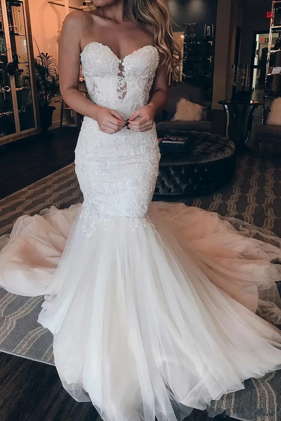 Robe de Mariée Sirène Personnalisée en Dentelle et Paillettes, Vêtement en Tulle avec Traîne, pour Patients