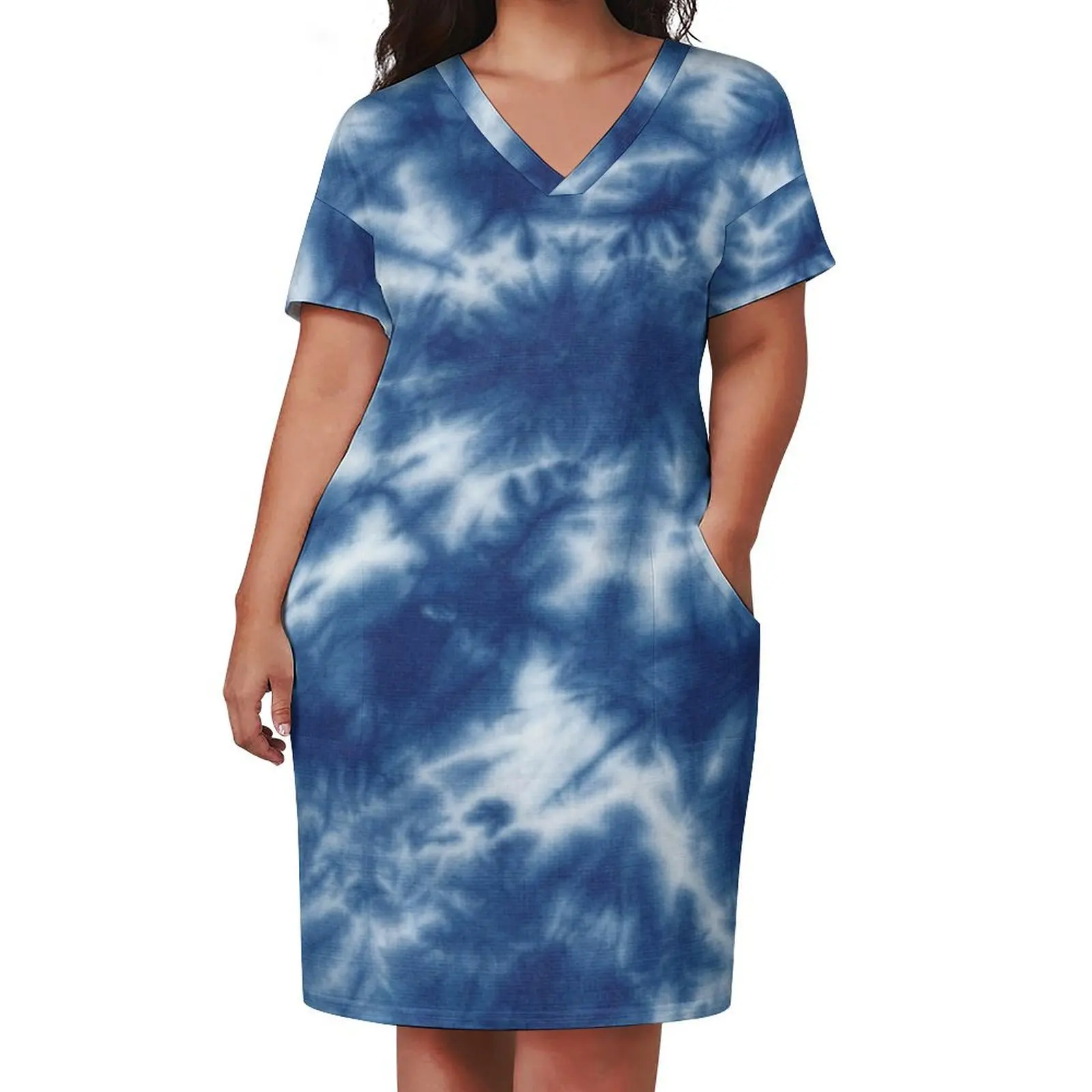 Blue Batik Tie Dye Shibori Ethnic Textile Art Pattern Loose Pocket Dress summer dress daily clothes for women Long dress woman