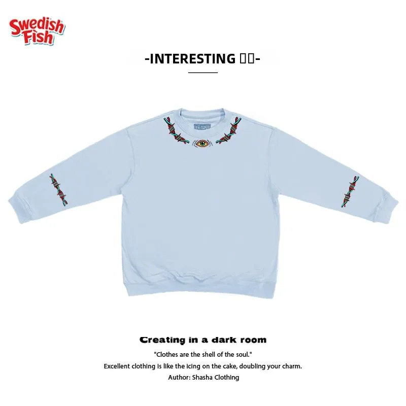 Unisex Oversize round Neck Sweatshirt Pure Cotton Small Collar Light Lake Blue Graffiti Simple Subculture American Style Fash...