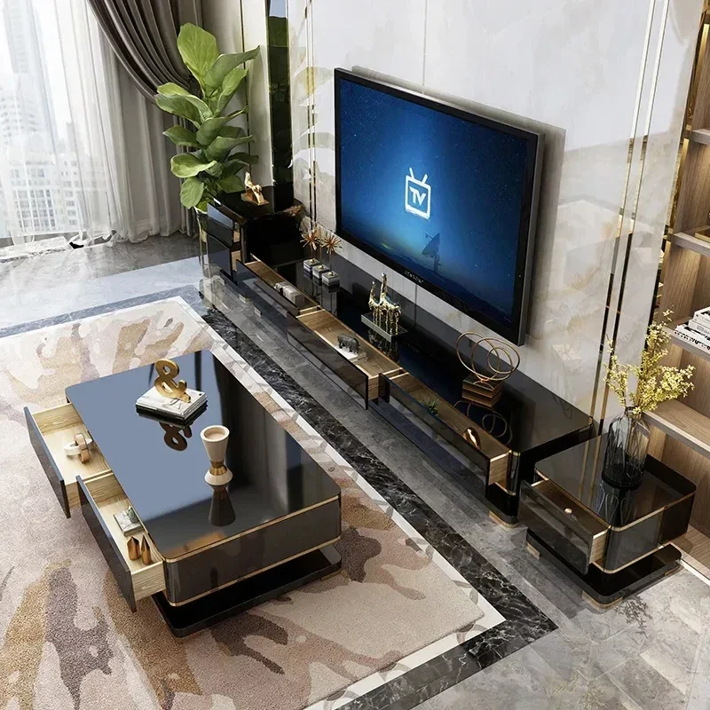 Luxury Coffee Table TV Cabinet Combination Filing Cabinets Tv Floor Stand Iving Room Tempered Glass Meuble Tv Stand Furniture