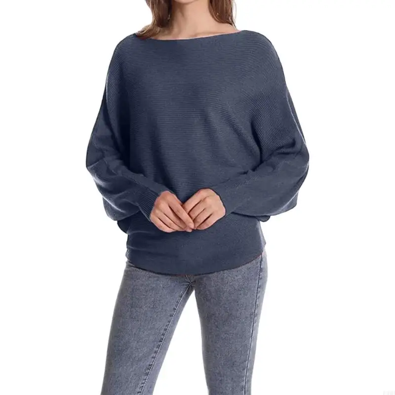 سترة نسائية فضفاضة برقبة على شكل جناح الخفاش وأكمام على شكل قارب، بلوفر كاجوال F3MD