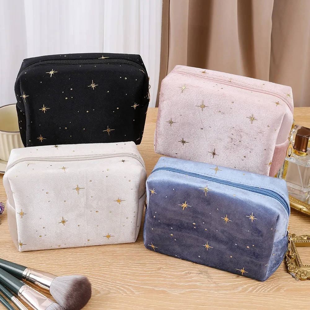 High Quality Portable Cosmetic Bag Soft Velvet with Zipper Make Up Storage Bag Hot Stamping Star Pattern Women Toiletry Bag