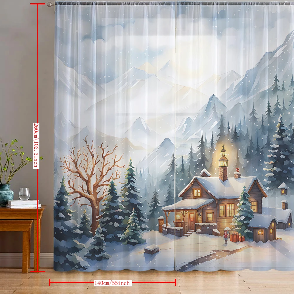 2PCS Home decoration printed window screens, winter snow houses, with pole bags, suitable for kitchens, cafes, and living rooms