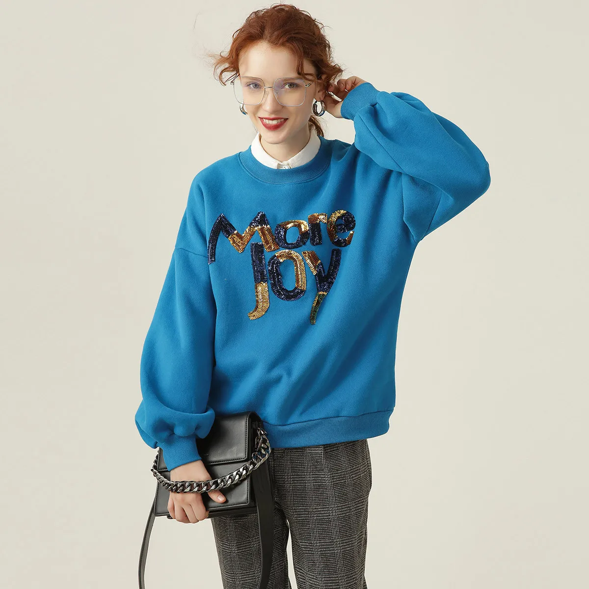 LOUIS YAO 2025 Autumn/Winter Handmade Bead Embroidered Top Loose Round Neck Long Sleeve with Thick Velvet Women's Hoodie