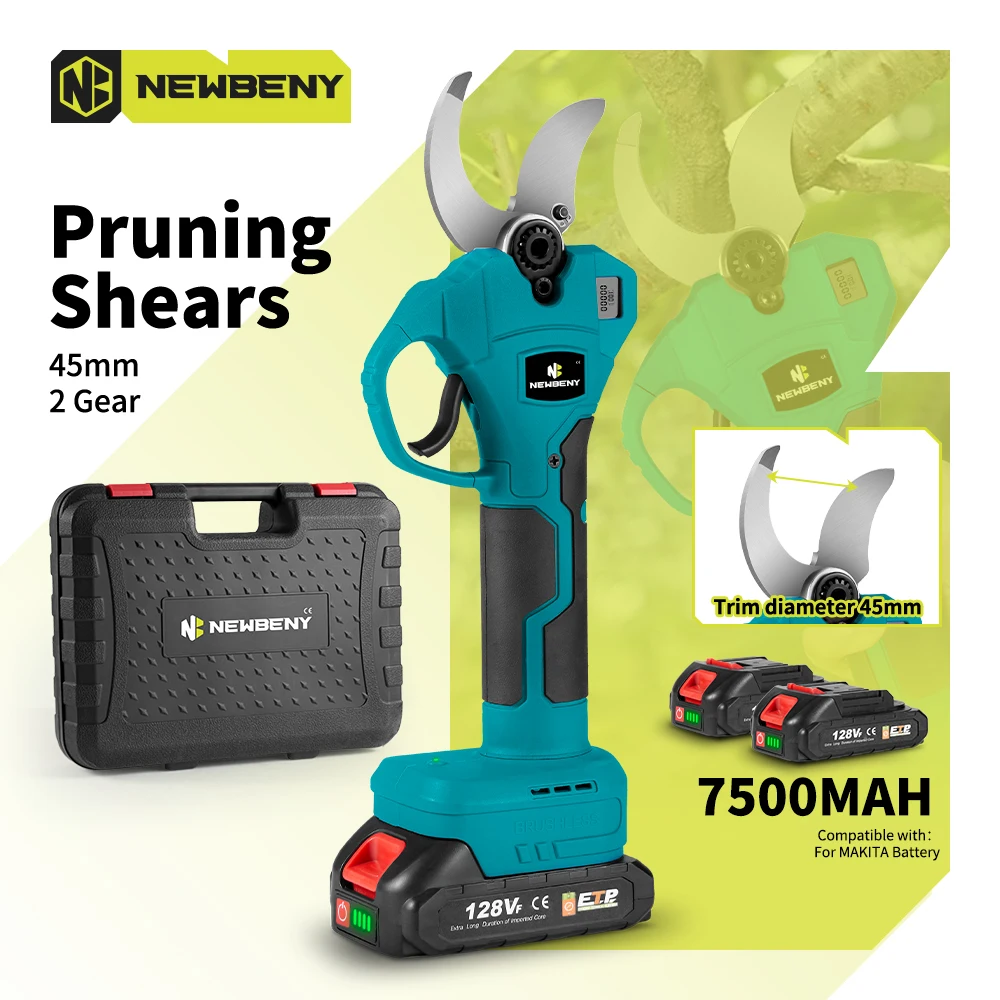 NEWBENY Cesoie elettriche da potatura senza spazzole da 45 mm 2 marce Rami di alberi da frutto senza