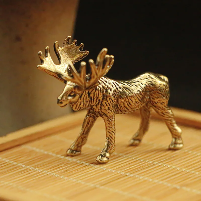 Solid brass elk figurine, small deer ornament for office desk decoration, vintage copper craft