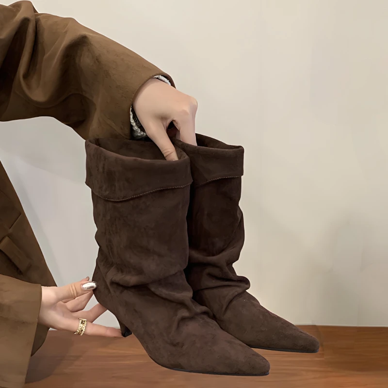 

Women Stack Boots,Wedge Heel Pointed Toe Ankle Boots,Retro Slouch Boot with Foldable Cuff Wide Shaft,Vintage Solid Color Booties