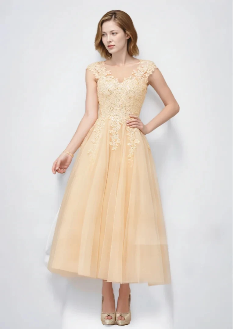 

Luxury Sweet A-Line Tea Length Illusion Neck Tulle Prom Dress Cap Sleeve With Appliques Evening Party Gown 2025 Free Customized