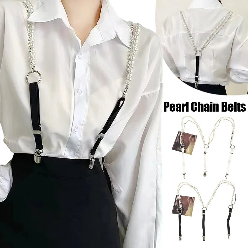 Suspensórios de corrente de pérola cintos para mulheres cinta de strass camisa decoração o-ring liga pato-boca clipe jeans cinta outwear suspensórios