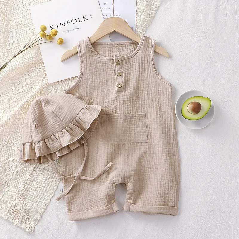 Macacão de algodão macio com chapéu, macacão sem mangas, roupa infantil, roupa recém-nascida, roupas de verão musselina, menina e menino