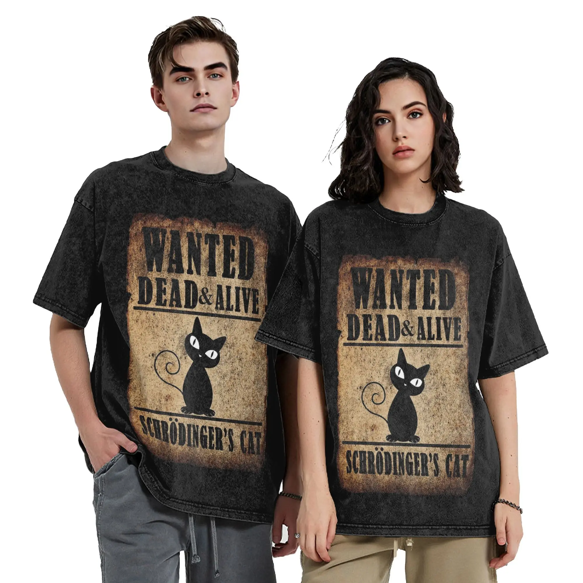 T-shirts délavés Chat de Schrödinger recherché mort ou vivant, T-shirts Hip Hop Streetwear 100% Coton pour Hommes et Femmes