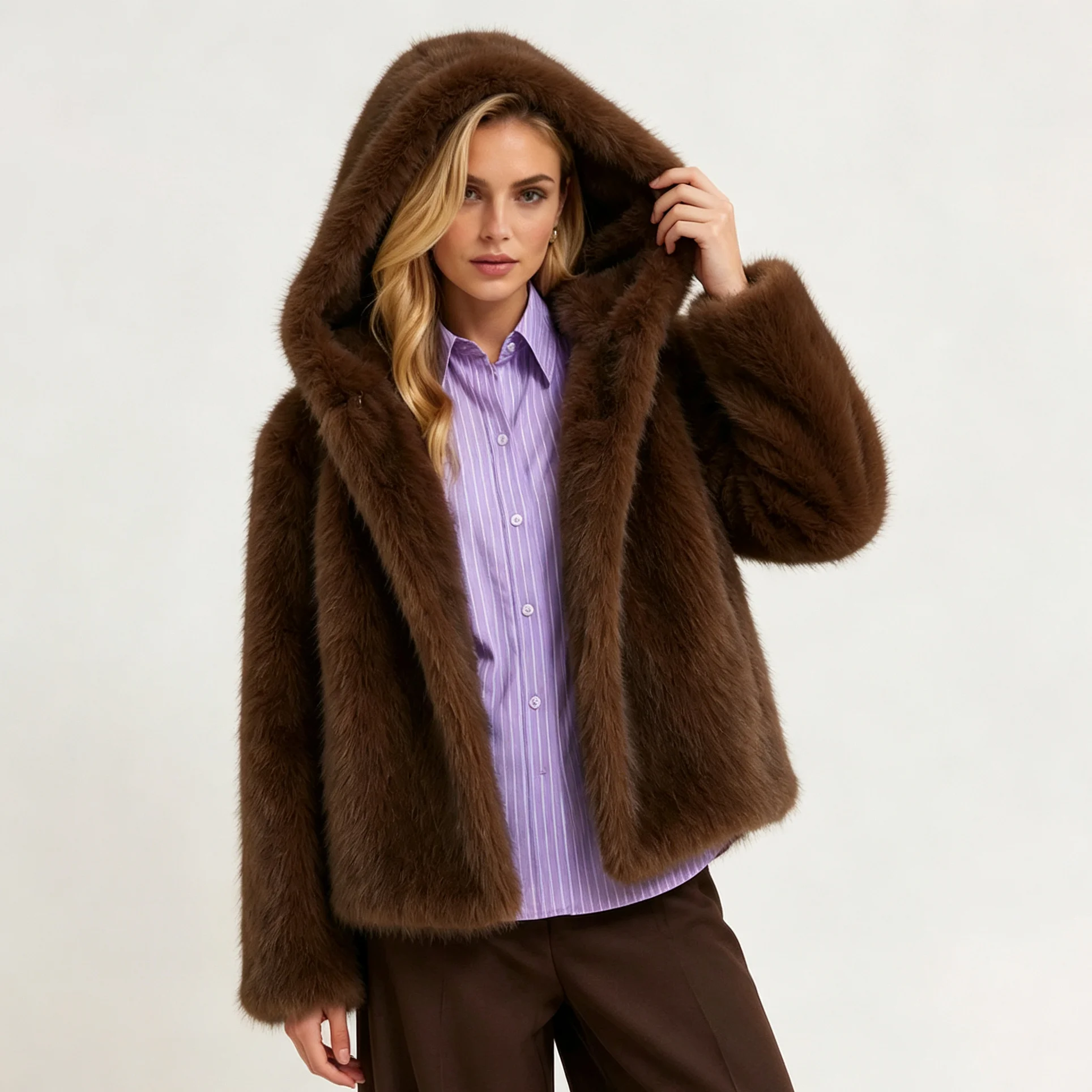 RU Ladies Integrated Hood Open Front Faux Fur Jacket Drop Shoulder Thick Fluffy Plush Loose Cropped Fashion Outer Coat