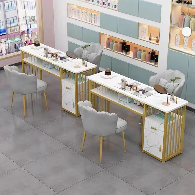 Hot selling Beauty Salon Furniture marble metal frame nail station manicure nail table With chairs