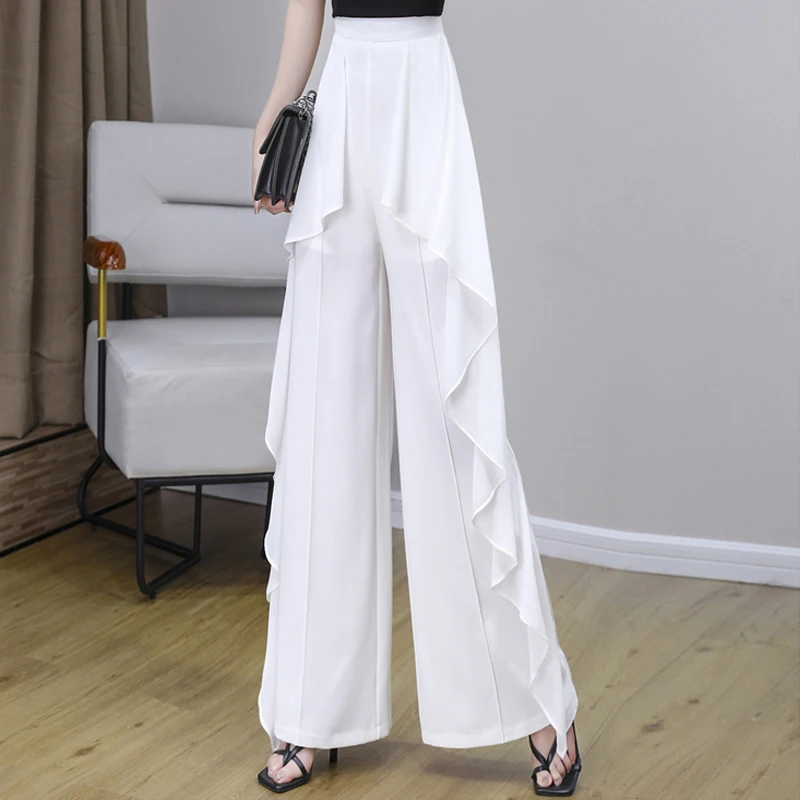 

Designer Ruffles Chiffon Wide Leg Long Pants Summer Zipper High Waist Office Lady Work Business Formal Professional Trousers