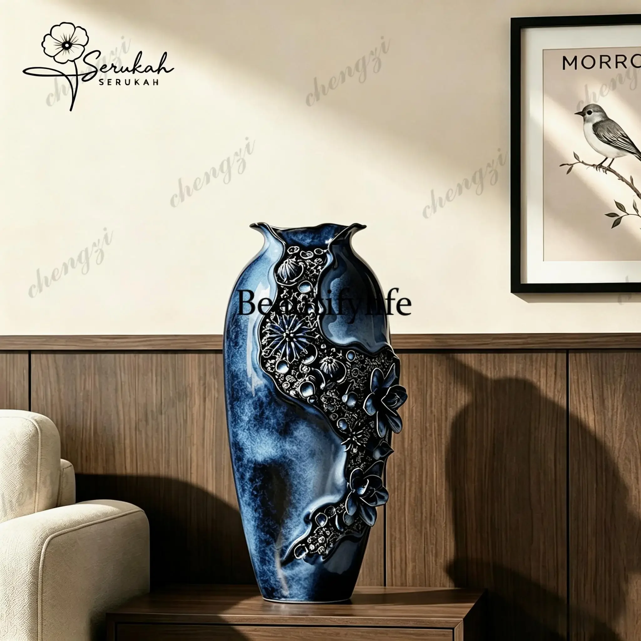 a95 Velvet flower blooming large vase light luxury high-end porch ceramic ornaments living room flower arrangement housewarming