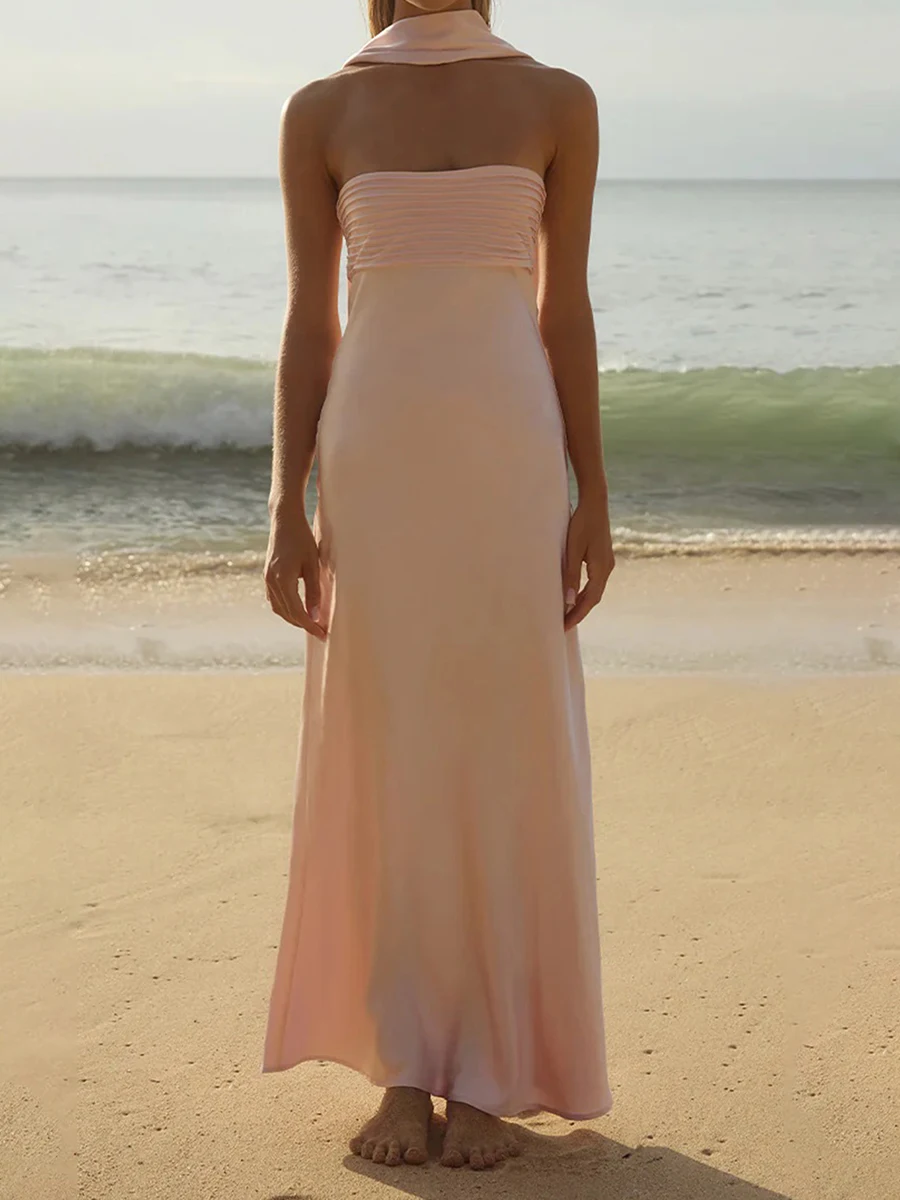 New Womens Long Satin Tube Dress Solid Color Low Cut Strapless Pleated Design Slim Dress Club Street Style S M L