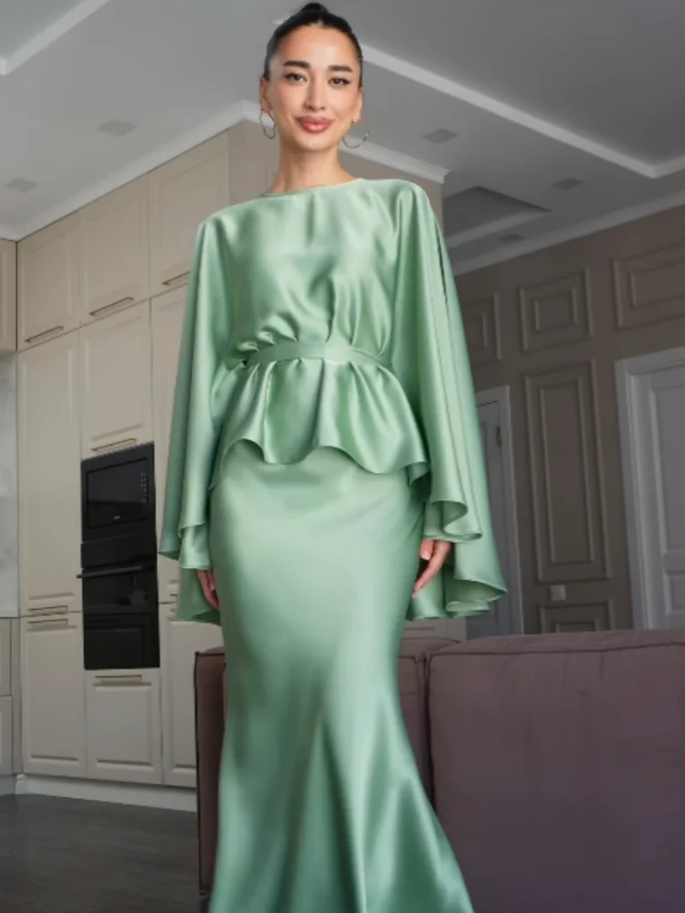 Elegant Green Cape Sleeve Top Set Women Casual Tie-up Waisted O-Neck Tops Mermaid Maxi Skirt Sets Chic Evening Party Outfit 2026
