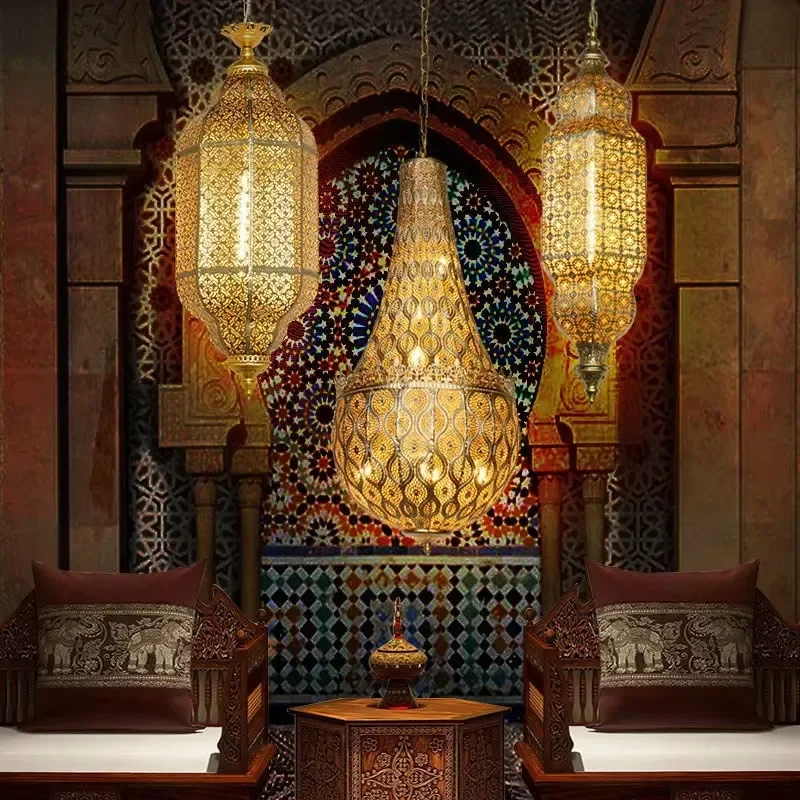 Moroccan Iron Lantern Pendant Light Arabic Hanging Lamp Middle Hollow Carved Chandelier Kitchen