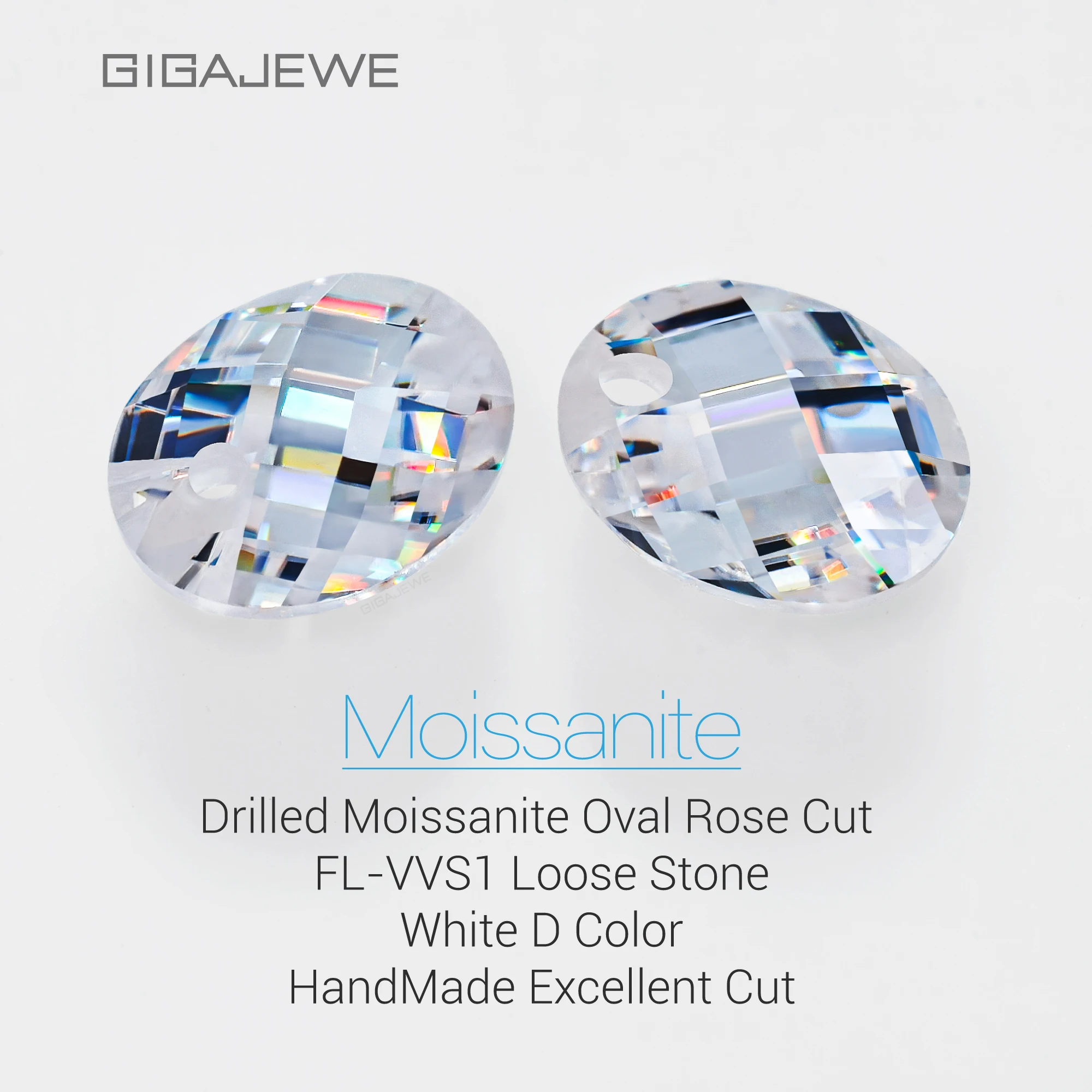Oval Rose Cut Moissanite: White VVS1 Gemstone with Drill Hole (7x9mm, 2.0ct)