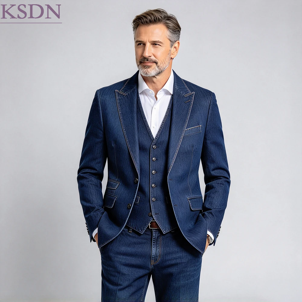 Modern Denim Men's Suits Slim Fit Single Breasted Peak Lapel Blazer High Quality 3 Piece Jacket Pants Vest Male Clothing Terno
