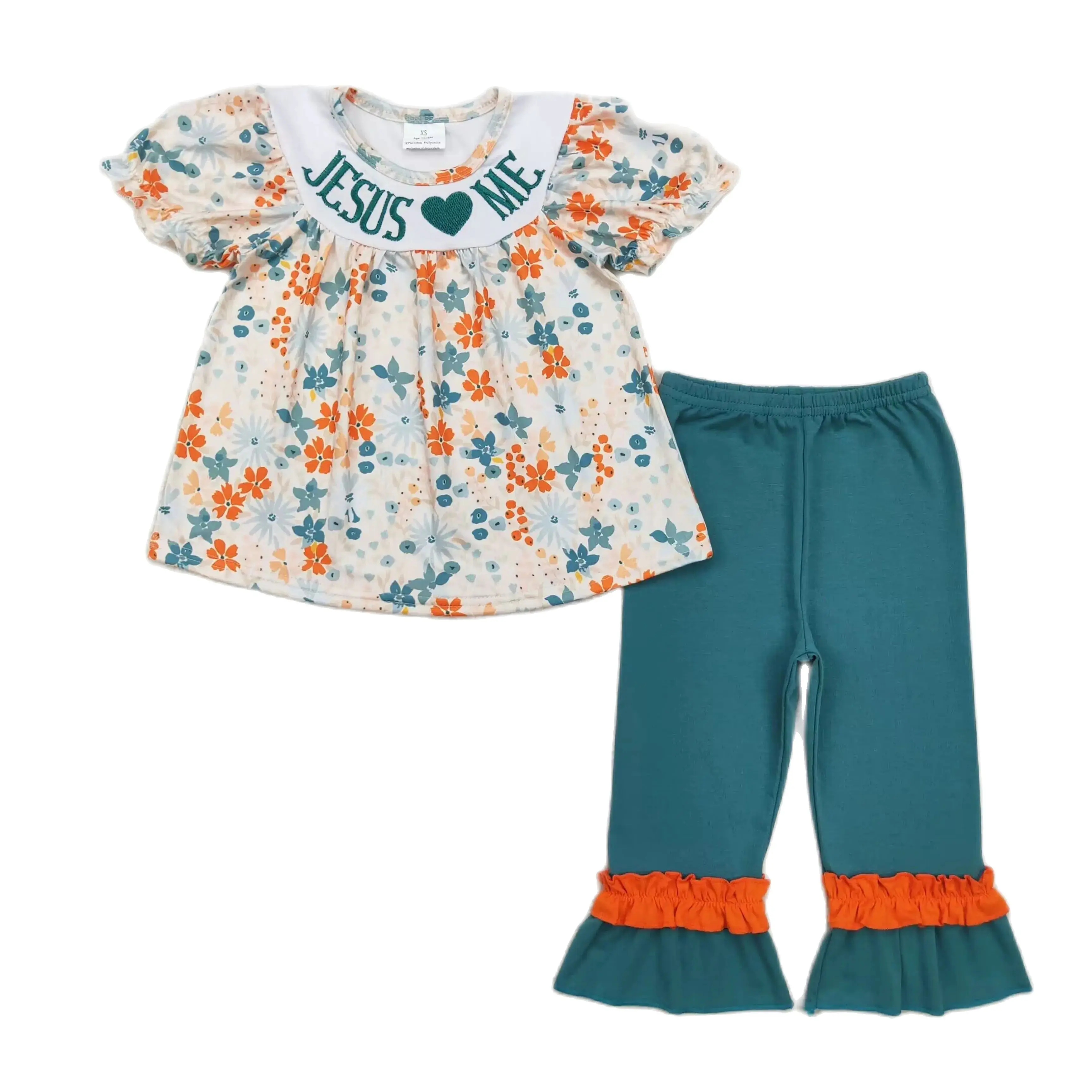 

Wholesale Baby Girl Floral Top Green Cotton Pants Outfit Toddler Short Sleeves Embroidery Tunic Kids Children Thanksgiving Set