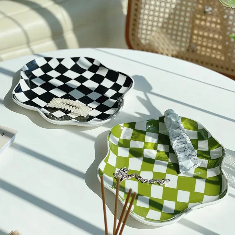 European Chessboard Ceramic Plate Black and White Checkered Irregular Tableware Dinner Plate Dinner Set Plates and Dishes Tray