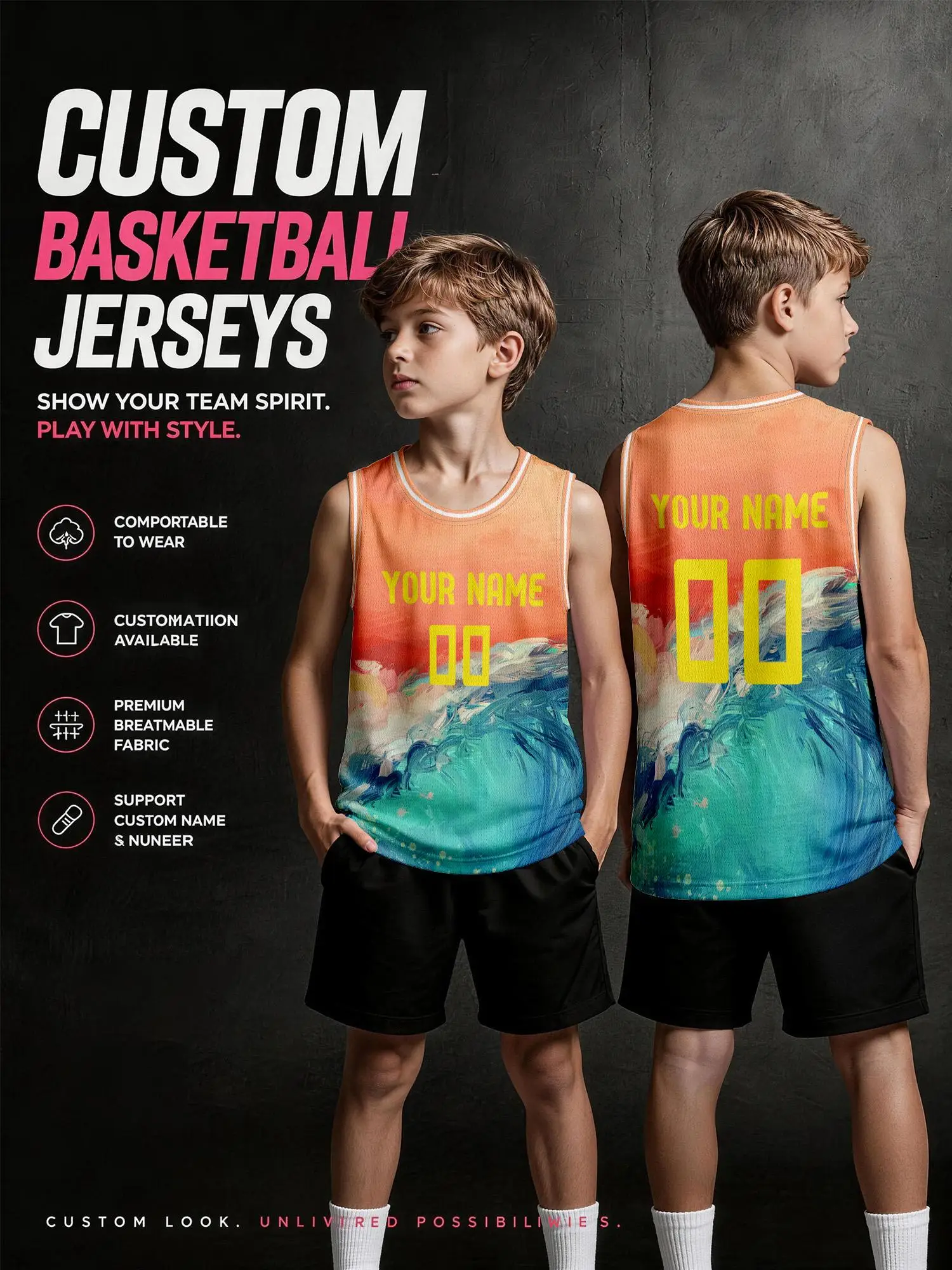 Orange‑Blue Wave Custom Basketball Jersey, Adults Kids Name Number Print Quick‑Dry Set