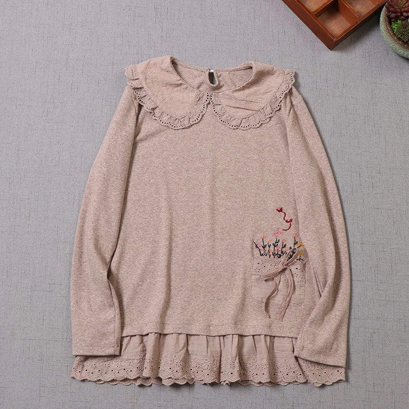 Mori Girl Kawaii Peter Pan Collar Knitted Cotton Base T-shirt Women Spring Autumn Long Sleeved Sweet Embroidery Pullover Tops