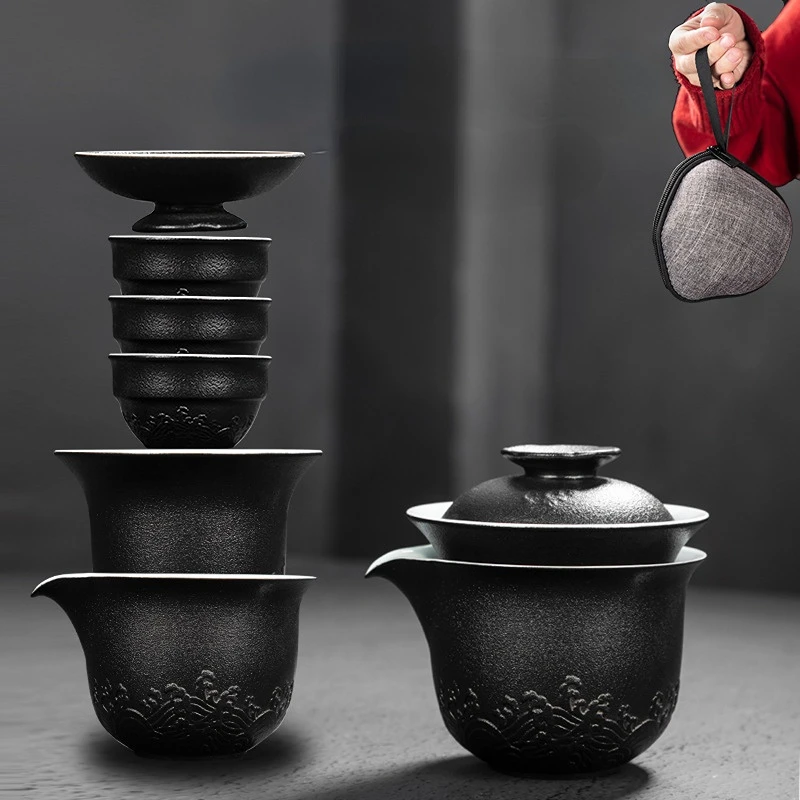 Black Pottery Quack Cup Outdoor Simple Carry-on Tea Set A Pot of Three Cups Portable Travel Tea Infuser