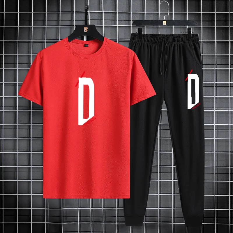 Summer sports and leisure set short sleeved T-shirt 2023 trendy Korean slim fit sports pants thin two-piece set