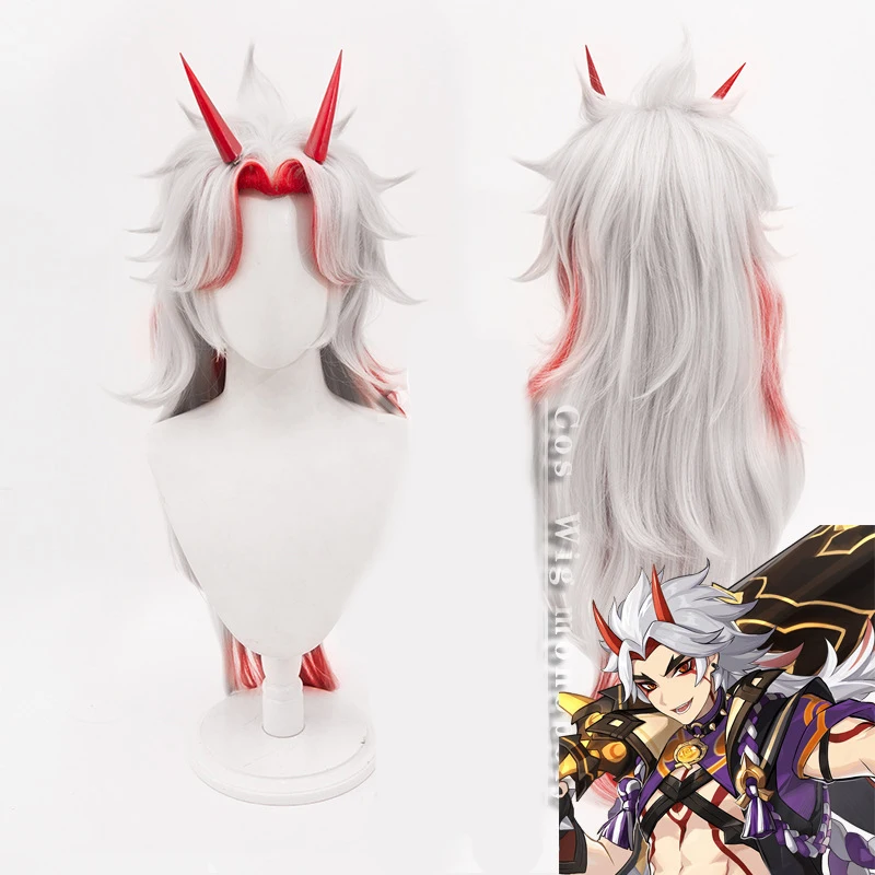 Genshin Impact Arataki Itto Cosplay Wig Prop Accessories Heat Resistant Cartoon Hair Pre Styled Anime Cos Set Horn Party Wear