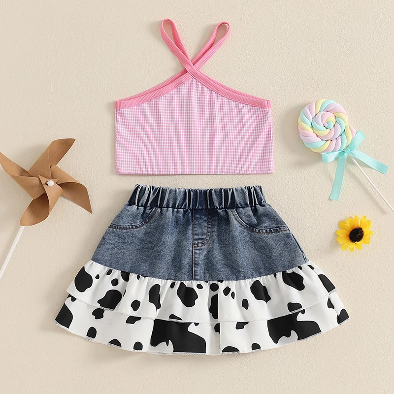 Toddler Girl Summer Outfits Sleeveless Tank Tops Plaid/Cow Pattern Ruffles Patchwork Denim Skirts 2Pcs Clothes Set