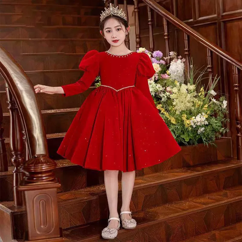 Girls' Dress High-End Wedding Flower Girl Little Girl Princess Dress2025New Light Luxury Minority Host Performance Costume