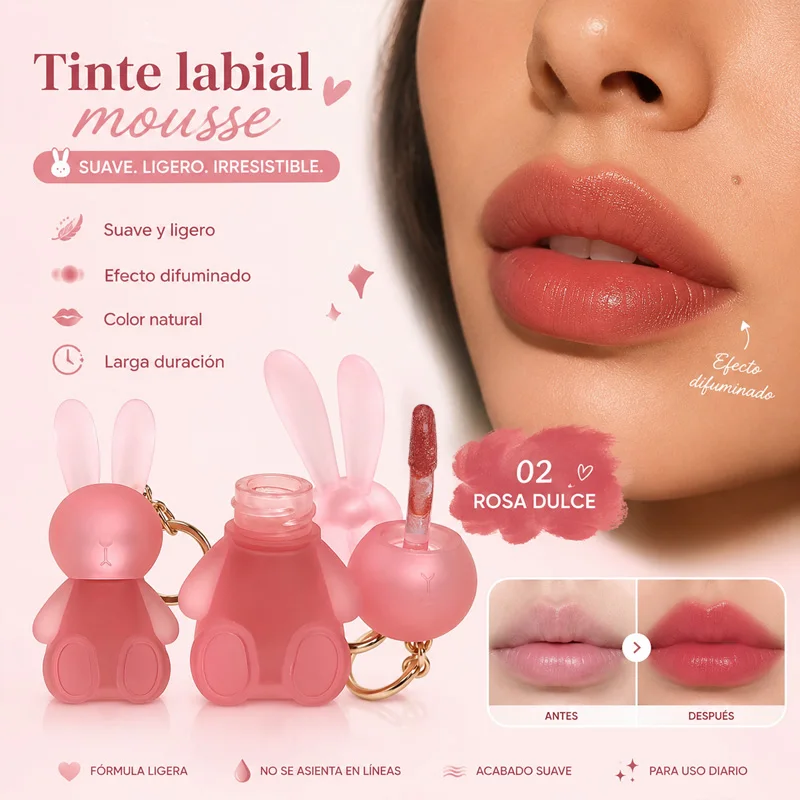 GEGE BEAR Cute Rabbit Lip Tint Velvet Lip Mud Matte Lip Gloss Long Lasting Non Sticky Keychain Lip Makeup 6 Colors for Women