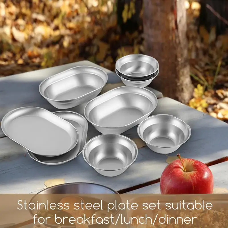 Outdoor Tableware Set 6/8/10PCS Stainless Steel Camping Plates Bowls Self-driving Home Soup Pot Bowl Plate Set Cooking Cookware