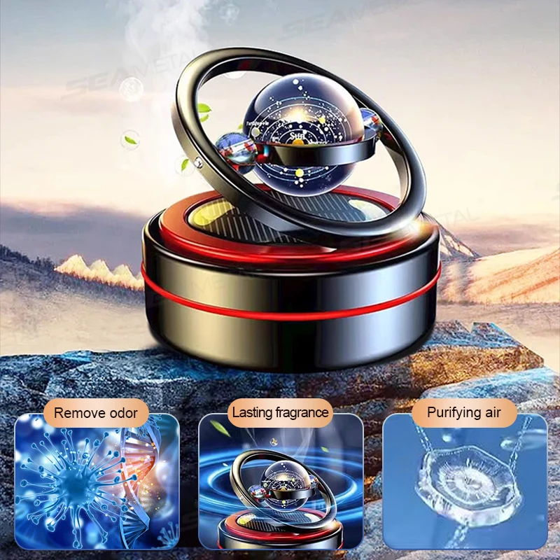 SEAMETAL Solar Car Air Freshener Dashboard Fragrance Automatic Rotation Galactic Planets Essential Oil Diffuser Auto Ornaments