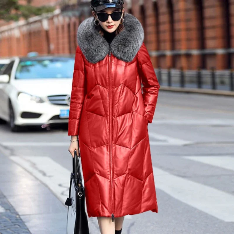 2023 New Women Down Jacket Winter coat Female Mid length version leather coat Loose hooded Parkas thick warm outwear