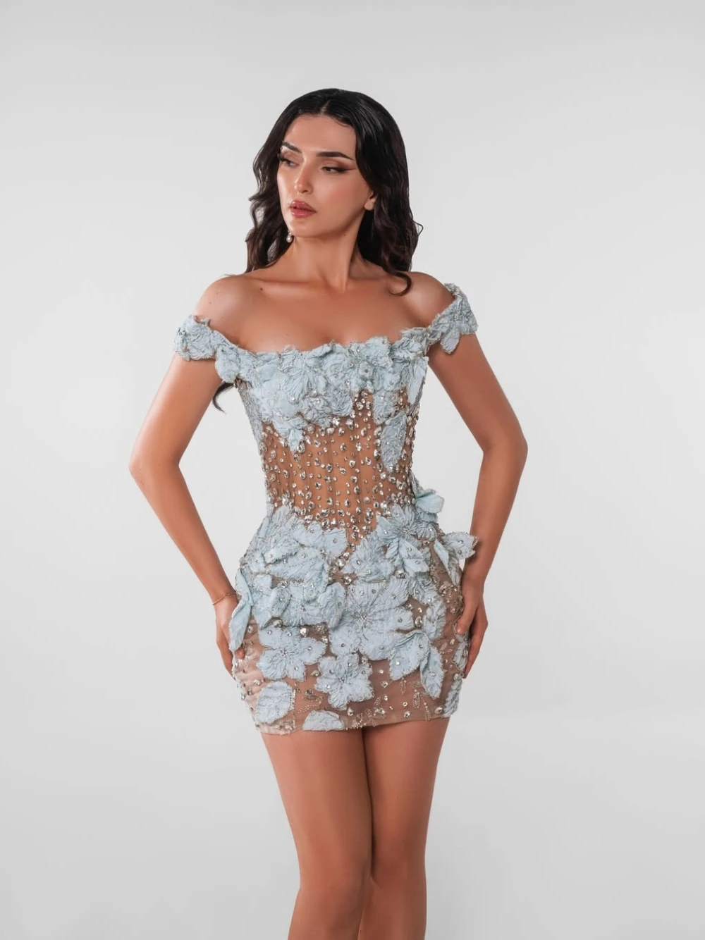New Arrival Blue Floral Homecoming Dress Customized Delicate Graduation Party Cocktail Gown Elegant Off Shoulder Crystals Wear