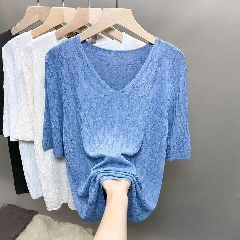 Solid Comfortable Office Lady T-Shirts Casual Loose Pullovers V-neck Short Sleeve Simplicity Sweet Summer Thin Women's Clothing