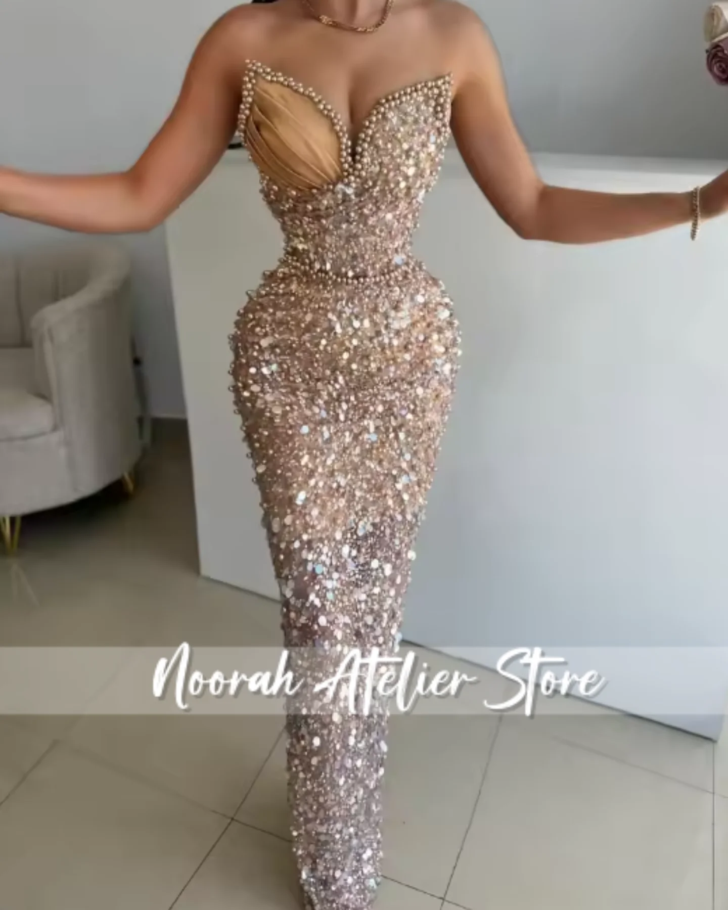 فساتين سهرة نسائية فاخرة على شكل قلب مطرز باللون الأخضر المريمية سباركلي 2025 حورية البحر للنساء دبي فساتين لحضور الحفلات الموسيقية حسب الطلب