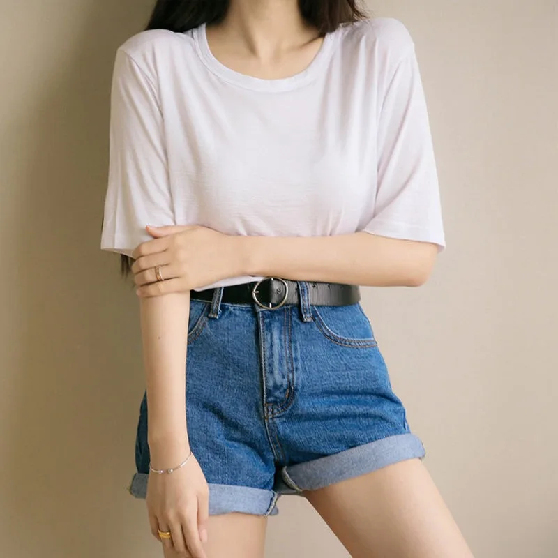 

New Women Solid Colors Cuffed Shorts Summer Casual Classic Hot Pants Chic Girls High Waist Denim Shorts Vintage Blue Streetwears