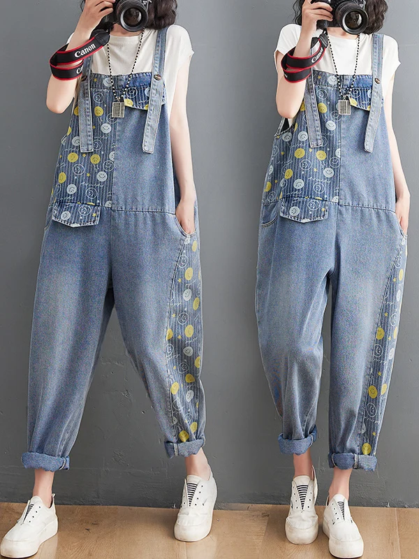 

Джинсовый комбинезон больших размеров для женщин, летний, с принтом, свободный, с широкими штанинами на бретелях, для полных девушек, модный, молодежный, цельный, длинные брюки