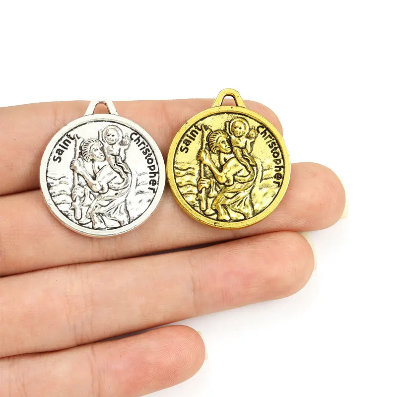 5pcs St. Christopher Metal Charms Catholic Patron Saint Antique Silver Gold Color Prayer Pendant Fit DIY Making Jewelry Necklace