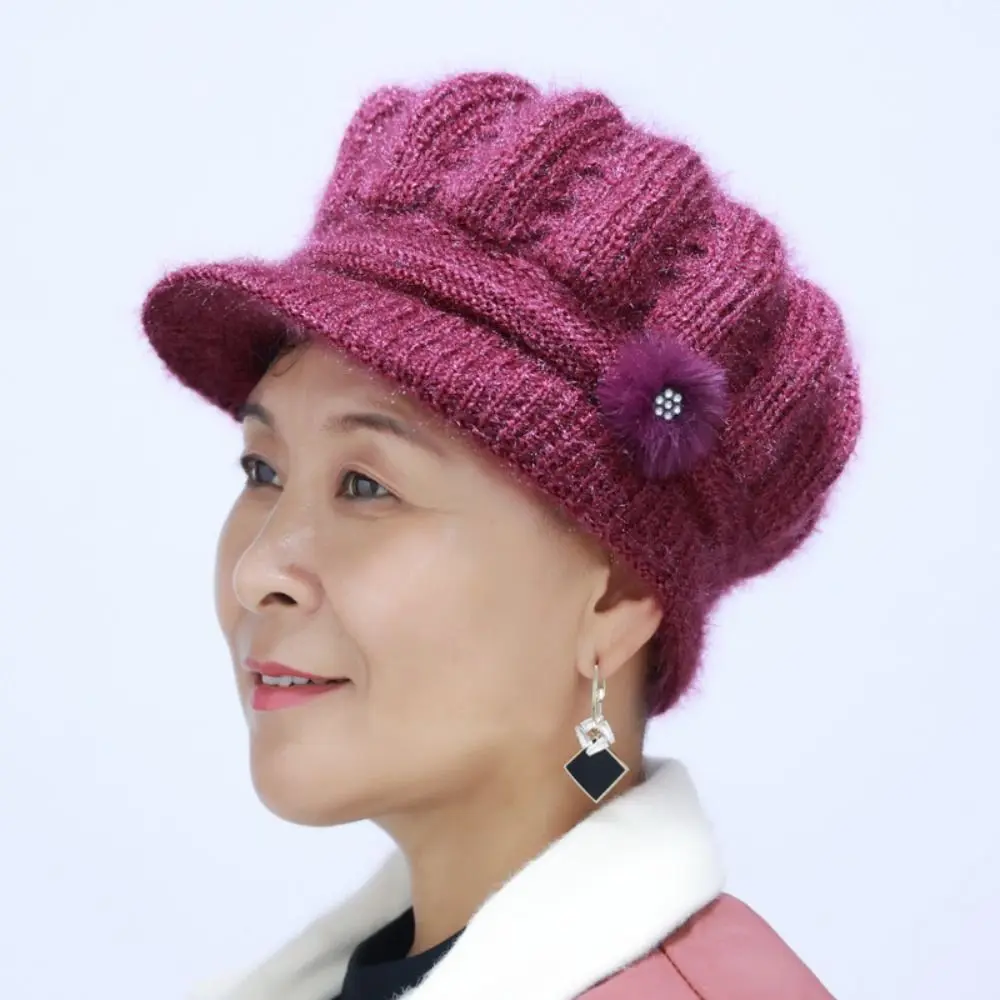 Flower Knitted Cap Elegant Plush Korean Style Winter Warm Cap Woolen Hat All-match Simple Mommy Hat Outdoor