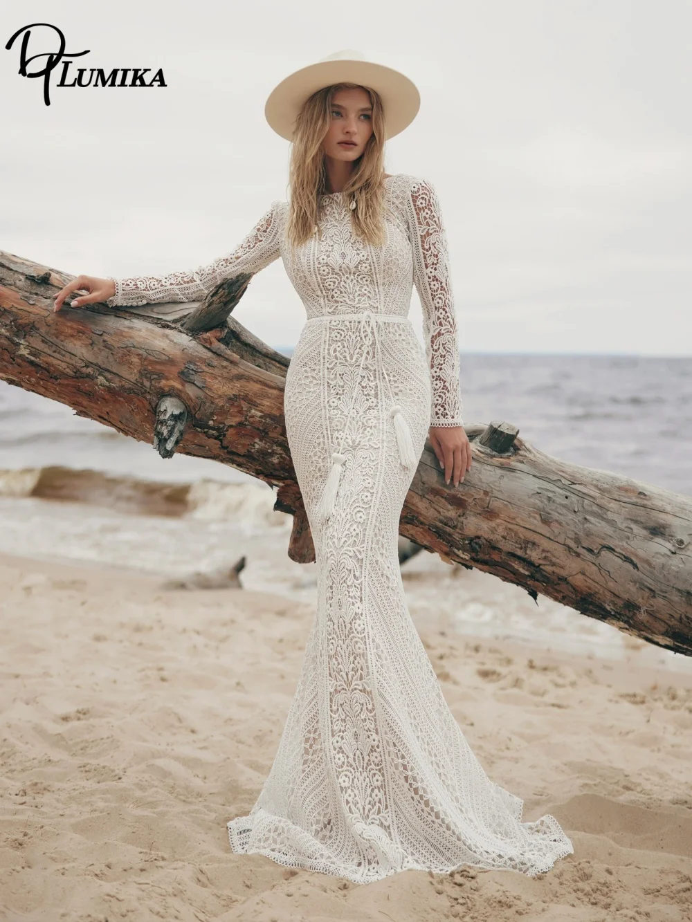 DTLumika Bohemian Bridal Gown Crochet Lace Long Sleeves Tassel Sash High Neck Wedding Dress 2027 Custom Made Vestidos De Novia